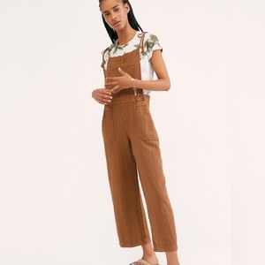 free people natural sights burnt orange/brown overalls